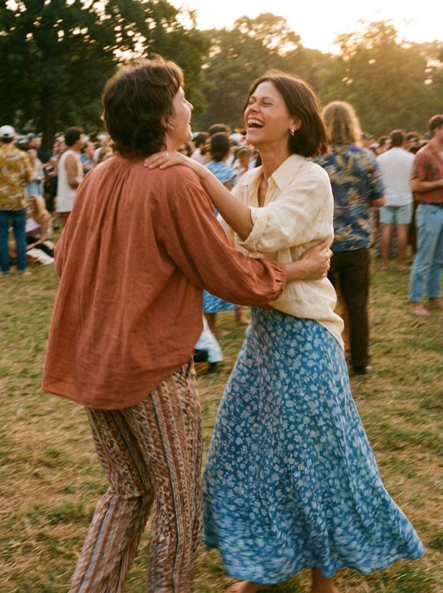 Two people dancing and laughing at an outdoor festival at golden hour